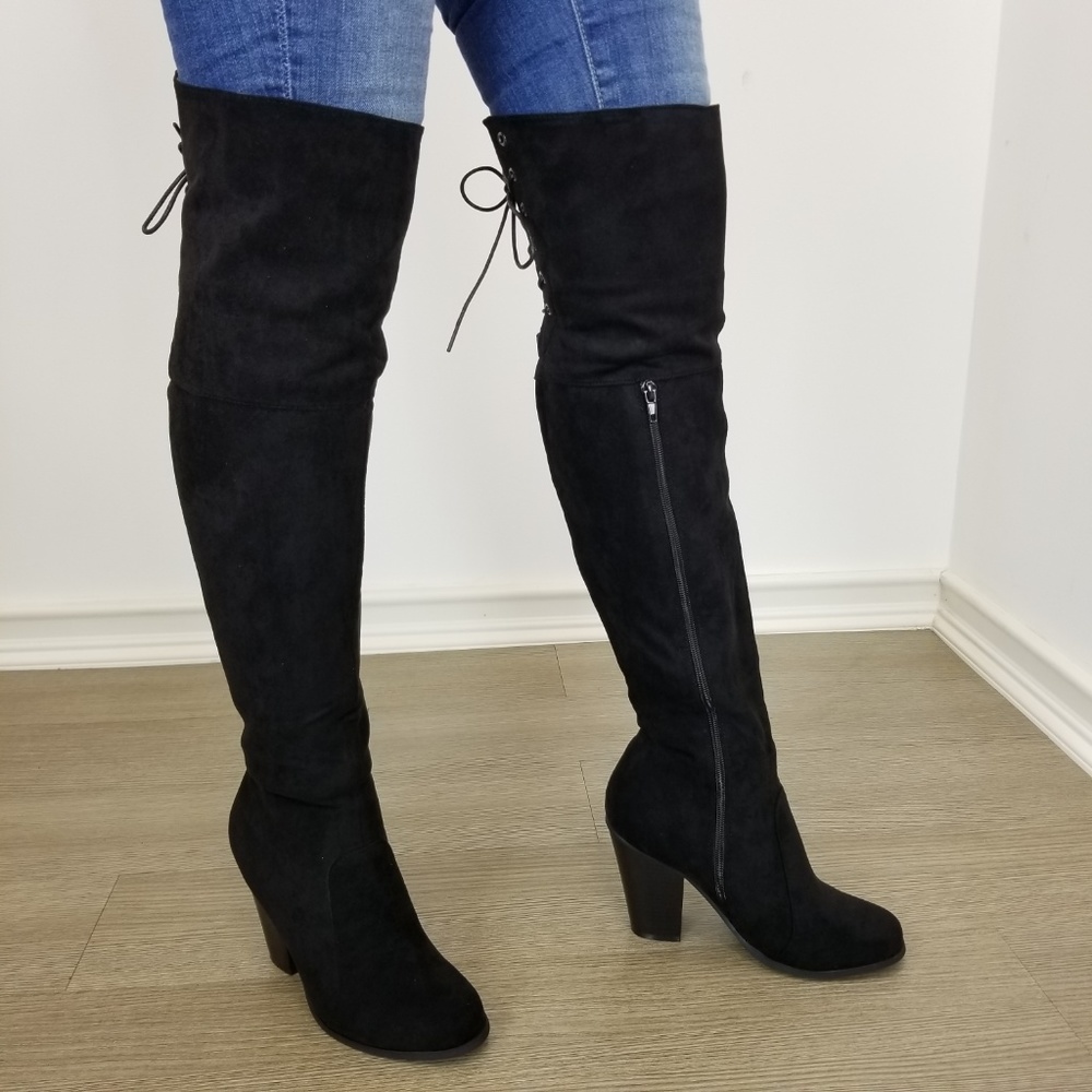 Suede Over the knee heel Boots with lace up back - Picture 5 of 8